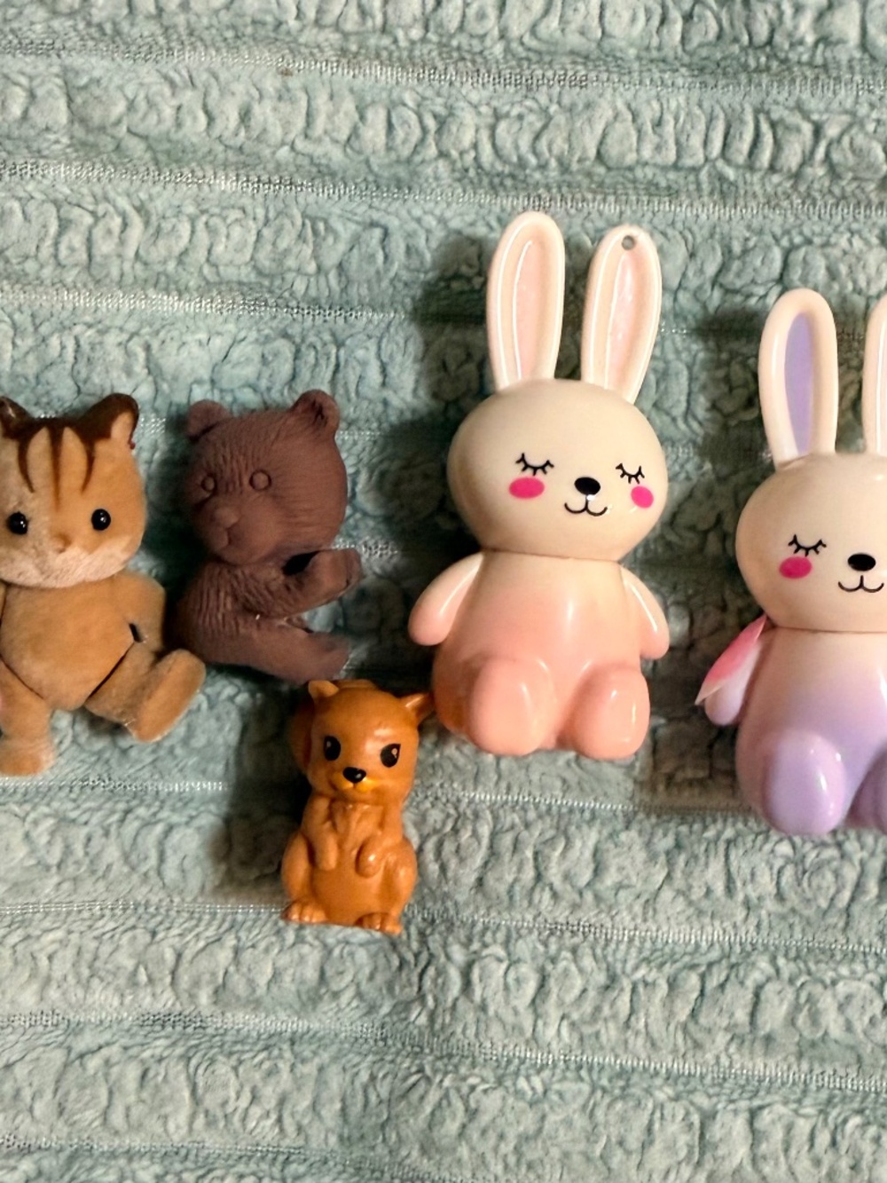 Mixed Mini Animal Figure Lot of 5 Rabbits Cat Bear Flocked Toys